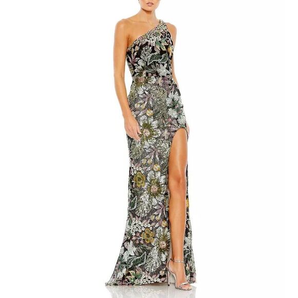 Mac Duggal 49574 Size 10 Floral Black Green Pink One Shoulder Gown Maxi Dress - Picture 7 of 10